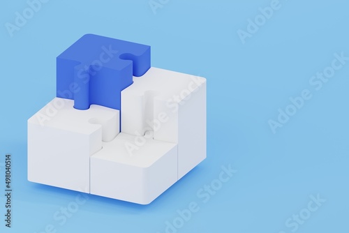 Four pieces of white jigsaw puzzle on blue background. Teamwork building own business concept. Puzzle piece mismatch. Idea and success. 3D illustration rendered.