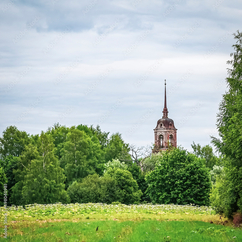 landscape, abandoned Orthodox bell tower landscape, abandoned Orthodox bell tower