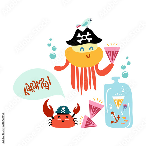 Cute kids pirate print. Hand-drawn funny vector clipart. Cute octopus in pirate hat and crab with treasures. Karamba  lettering. Decoration of celebrations  posters  invitations