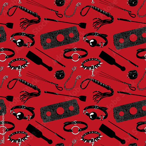 BDSM hand drawn seamless pattern. Red background