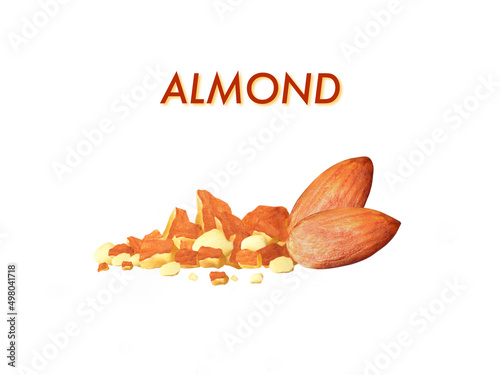 Almonds seeds and crushed, Isolated on white background with copy space, Ingredients grains for making Lactose-Free beverages, Vegetarian food organic homemade for Healthy and Health care concept.