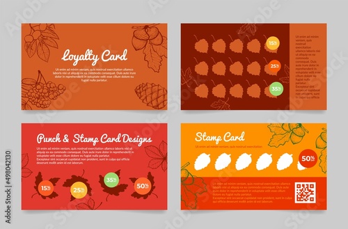 Collection loyalty punch and stamp card engraved autumn leaves design vector illustration