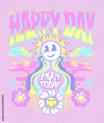 happy day, enjoy today vintage slogan print design with sun, clouds and flowers illustration