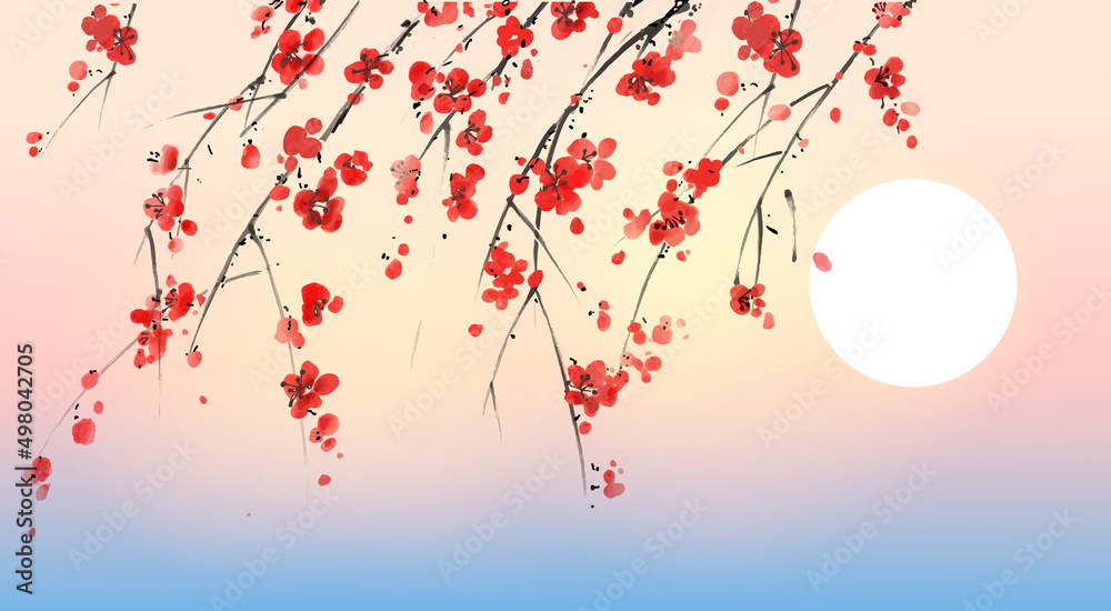 Ink painting of blossoming japanese sakura plum and sunrise sky. Traditional oriental ink painting sumi-e, u-sin, go-hua. Hieroglyph - double luck.
