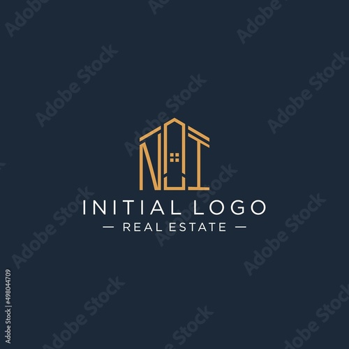 Initial letter NI logo with abstract house shape, luxury and modern real estate logo design