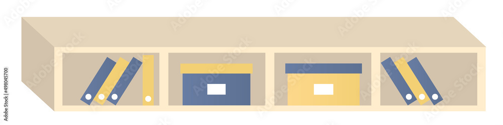 Shelf with books and boxes. Concept of learning, gaining knowledge or organization home interior space. Vector illustration of bookshelf Shelf with books and boxes. Concept of learning, gaining knowledge or organization home interior space. Vector illustration of bookshelf