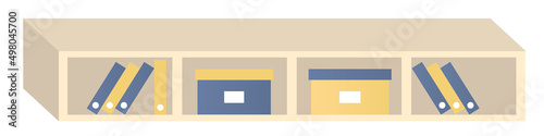 Shelf with books and boxes. Concept of learning, gaining knowledge or organization home interior space. Vector illustration of bookshelf