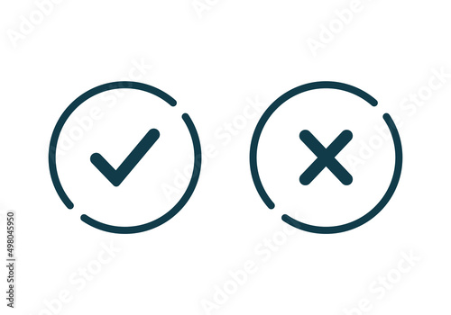 Yes or no icon. Tick symbol and cross sign in circle. Checkmark and check icon. Approval check icon. X or approve or deny line art vector color icon for apps and websites and ui ux.