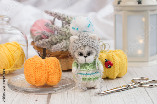 a knitted kitten with knitting needles and orange pumpkins, colored balls of thread in a basket. Creative workshop on handmade needlework