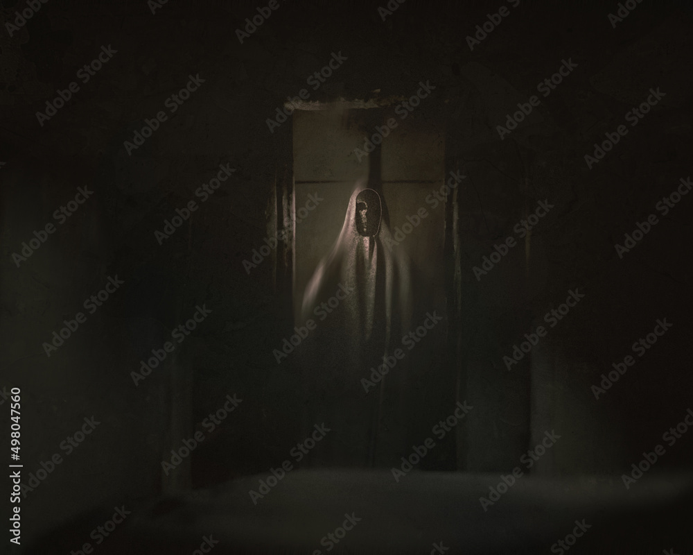 A demon with a skull face is standing at the open door. Horror atmosphere, Halloween picture