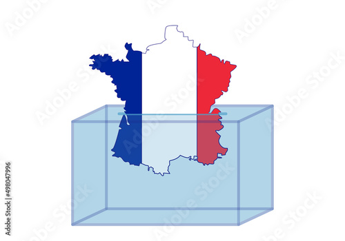 Elecciones en Francia, silueta del mapa de Francia con su bandera a modo de papeleta electoral introduciéndose en la urna