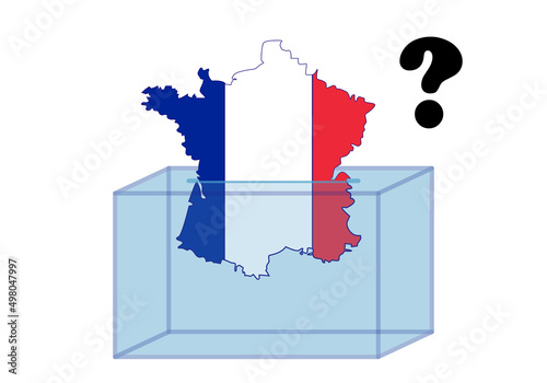 Elecciones en Francia, silueta del mapa de Francia con su bandera a modo de papeleta electoral introduciéndose en la urna y con una interrogación a modo de incertidumbre