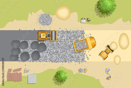 Vector illustration. Stage of construction road. (top view)
Construction machinery. View from above.