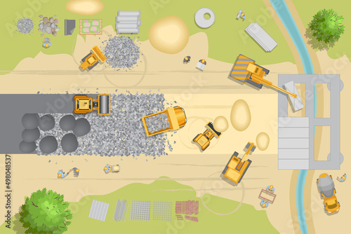 Construction of roads and bridges. View from above.
Stage of construction road. Construction machinery. (top view)