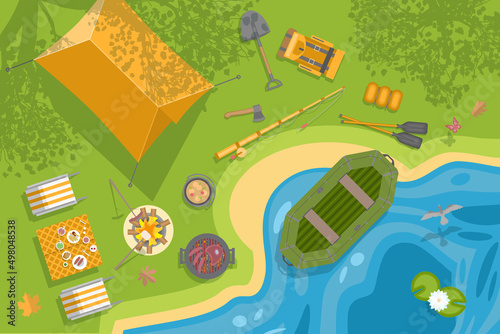 Vector illustration. Camping with a tents  and campfire. Top view. 