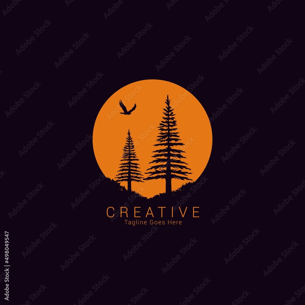 Hand drawn travel badge with sickle and spruce textured vector illustration with flying bird