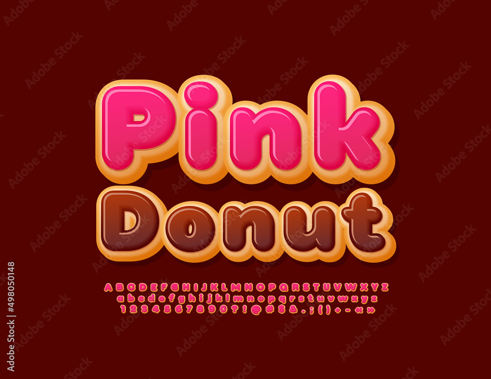 Vector tasty template Pink Donut. Cute Kids Font. Sweet set of Alphabet Letters and Numbers set