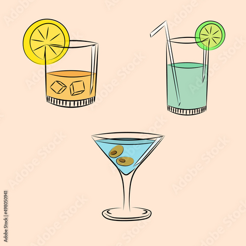 Set of icons of alcoholic drinks isolated on background. Colorful illustration of drinks for the holidays.