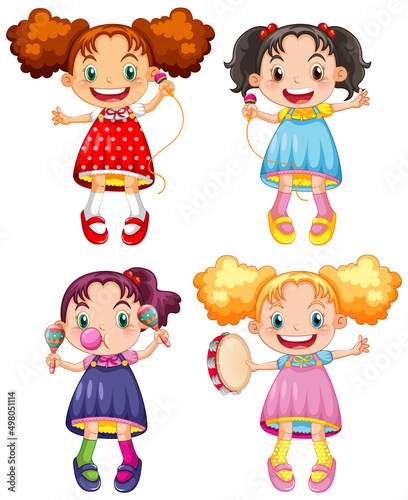 Set of happy girl with music instruments