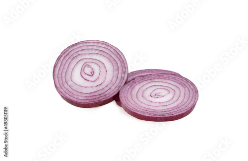 red onion slices isolated on white background.