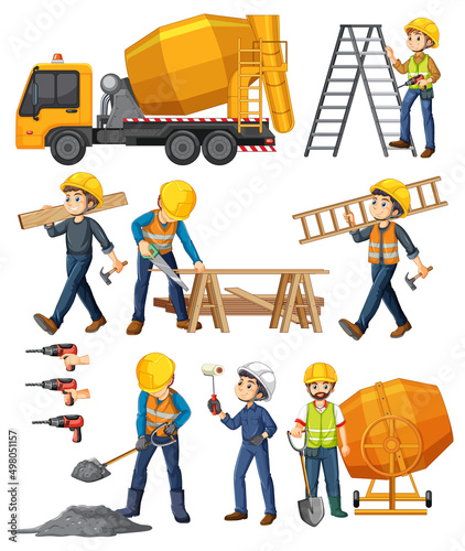 Set of construction site objects and workers