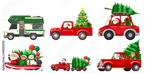 Set of different Christmas cars and Santa Claus characters
