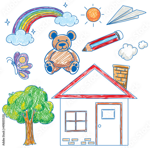 Coloured hand drawn house and objects