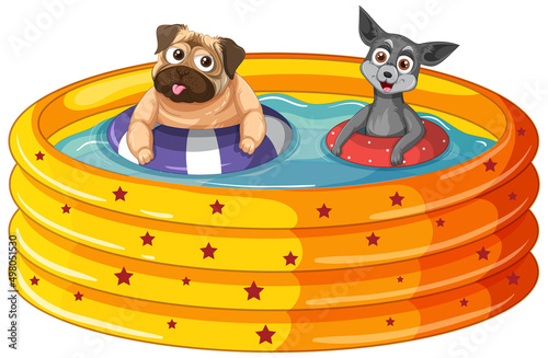 A Happy dog with rubber ring in Inflatable pool on white background