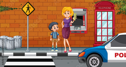 ATM machine street scene with people