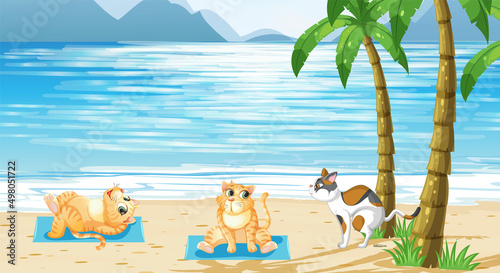 Set of different domestic animals on the beach scene