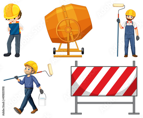 Construction worker set with man and tools