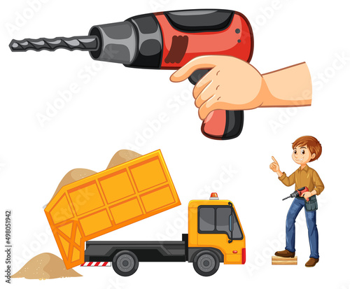 Construction worker set with man and tools
