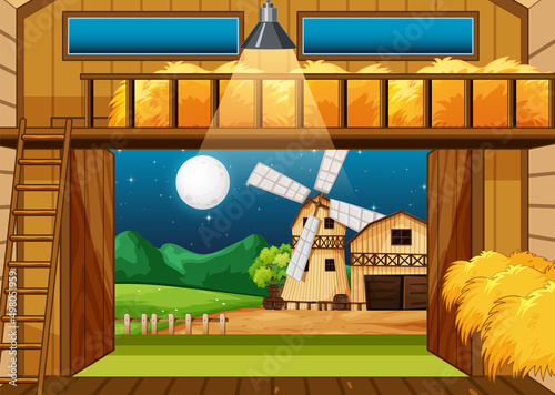 Farm scene with barn and windmill