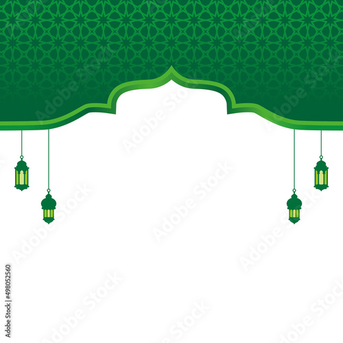 green mosque frame with lantern and islamic pattern background