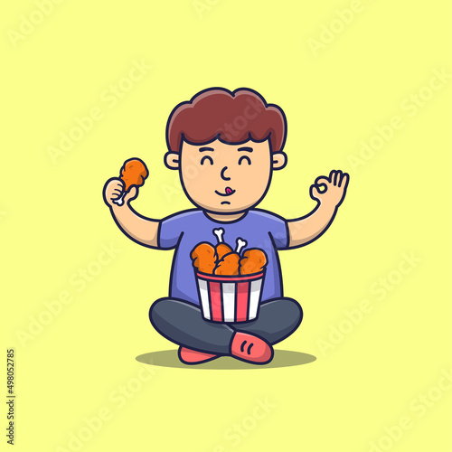 Happy Cute Boy Sit and eat Fried Chicken, Boy eating junk food, flat cartoon style