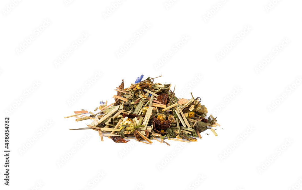 Dry herbal tea leaves isolated on white background. Detox and immunity drink.