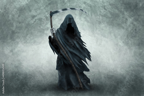 Quadro su tela The image of death in black clothes with a scythe in his hands, a black hood