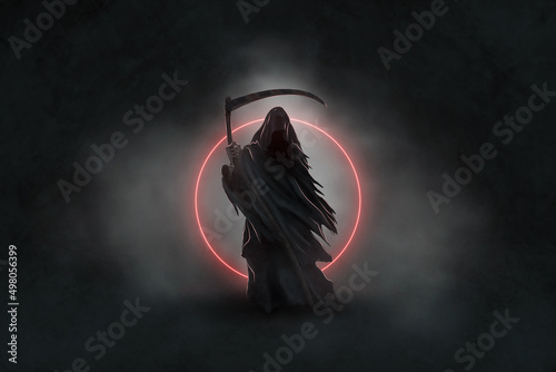 Canvastavla The image of death in black clothes with a scythe in his hands, a black hood