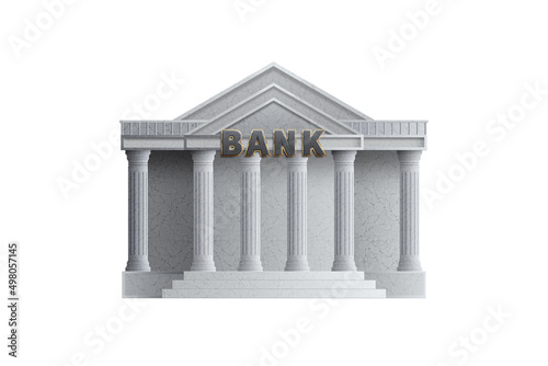 Bank building isolated on white background. The concept of issuing money, money exchange, credit, mortgage, vkoady. 3D illustration, 3D rendering.