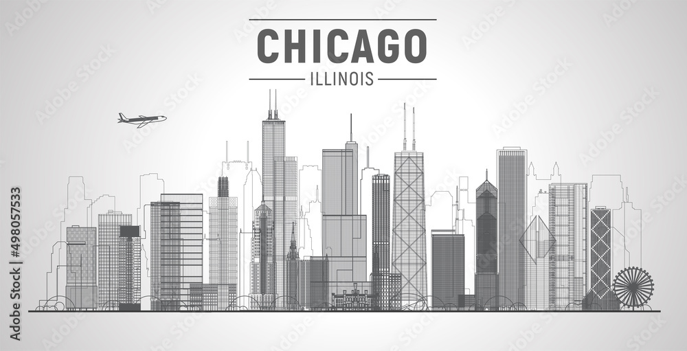 Chicago skyline on a white background. Flat vector illustration. Business travel and tourism concept with modern buildings. Image for banner or web site.