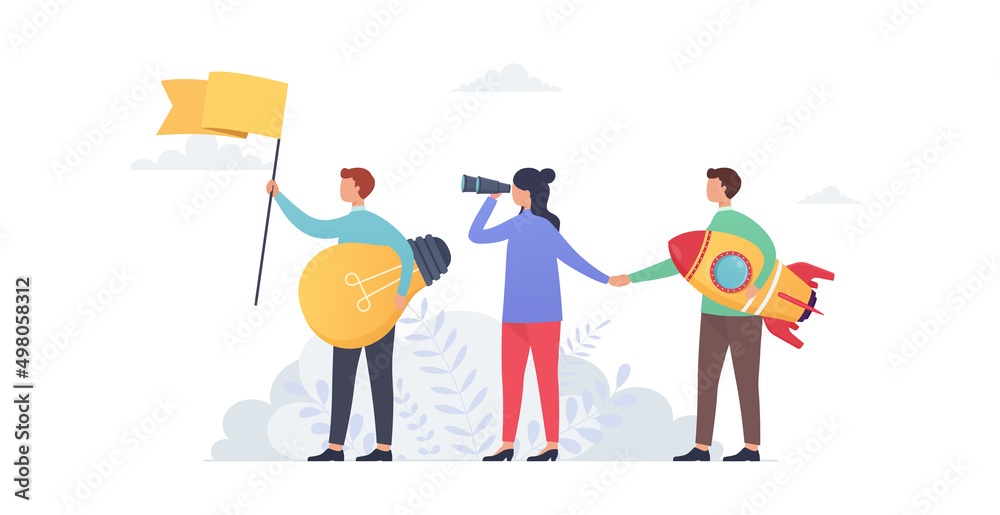 Business vision, goal and success, organization and product launch. Business people with flag, rocket and binoculars. Concept of strategic business planning.