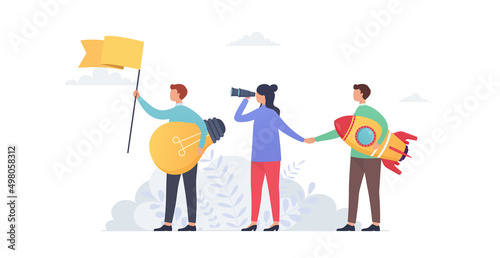 Business vision, goal and success, organization and product launch. Business people with flag, rocket and binoculars. Concept of strategic business planning.