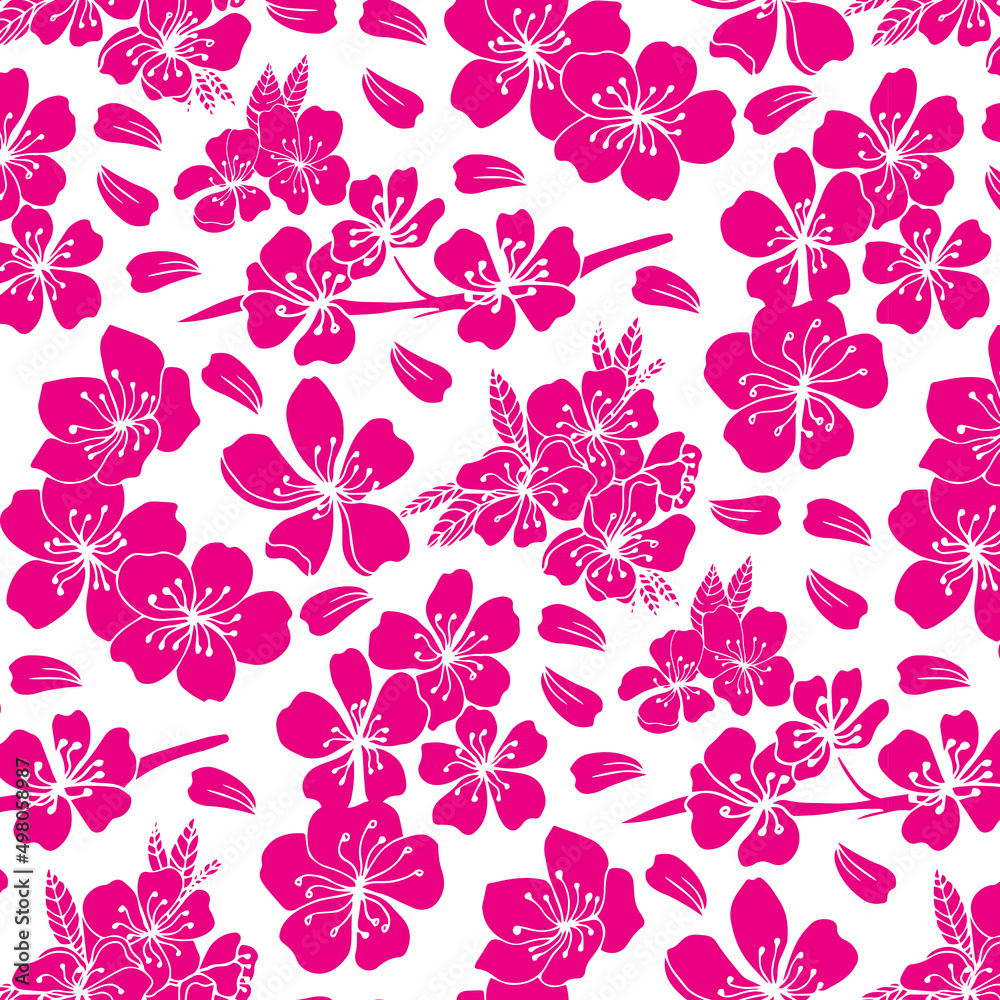 Pink flowers of sakura seamless pattern on a white background.