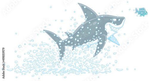 Funny great white shark and a small striped fish in splashes jumping out of water in a tropical sea, vector cartoon illustration isolated on a white background