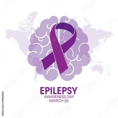 Epilepsy Awareness Day on March 26 vector. Human brain with purple awareness ribbon icon vector isolated on a white background. Important day