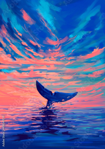Wal im Meer bei Sonnenuntergang, Acryl, Digitale Kunst © frittipix