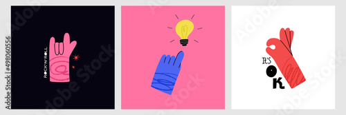 Hand ok, rock music and pointing on light blub gesture. Cartoon arms and lettering, positive creative thinking, good mood, inspirational motivational poster or print vector isolated illustration set