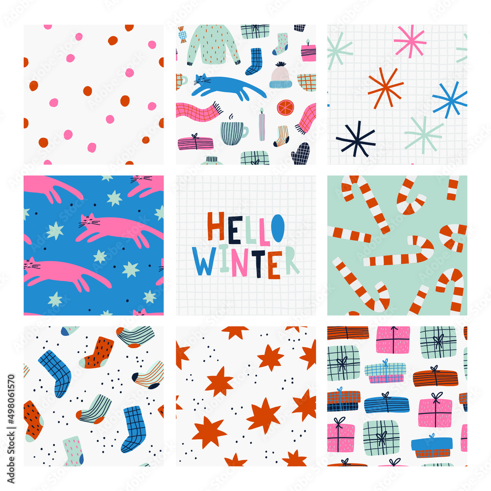 Seamless patterns with different winter clothes and Christmas symbols. Cozy background. 
Hand draw vector collection of Christmas winter symbols.