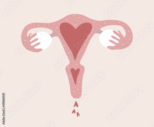 Female uterus with ovaries and heart symbol. The concept of women s love for themselves and their genitals, sex education, motherhood and pregnancy. Flat vector icon, illustration isolated.