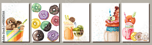 679_FreakShake_creamy dessert in a jar and glass_donuts set of backgrounds with cold milk dessert, ice cream, donuts, sweets, hand drawn, template for greeting cards, invitations, prints, bright festi